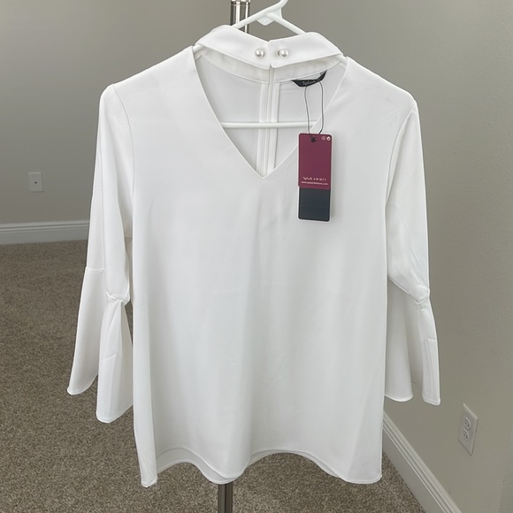 NEW White Blouse V neck pearl brooch pin Medium night out 3/4 sleeves - Picture 5 of 9